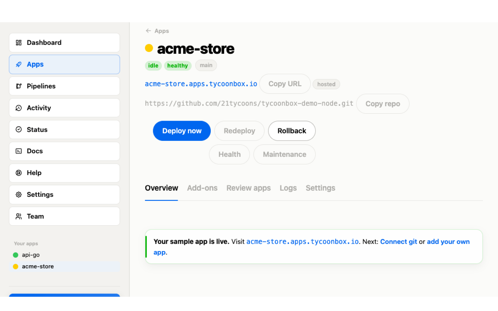 App overview in TycoonBox with live HTTPS URL, status, and deploy controls.