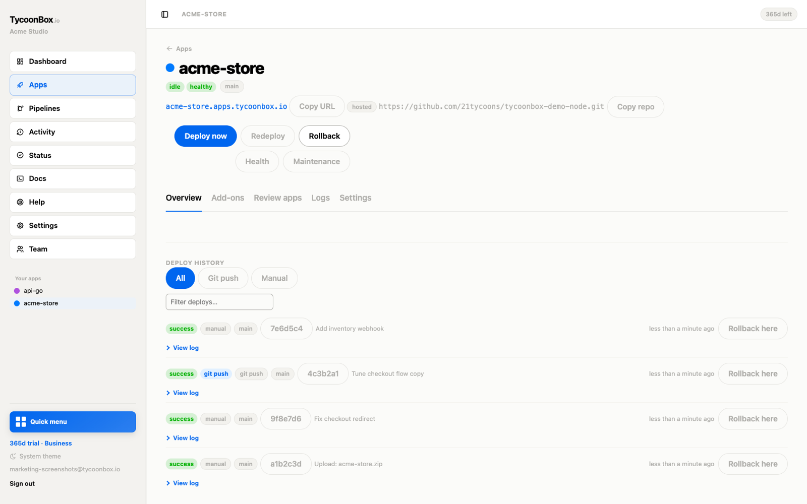 Deploy history with release status and rollback after you ship from the panel.