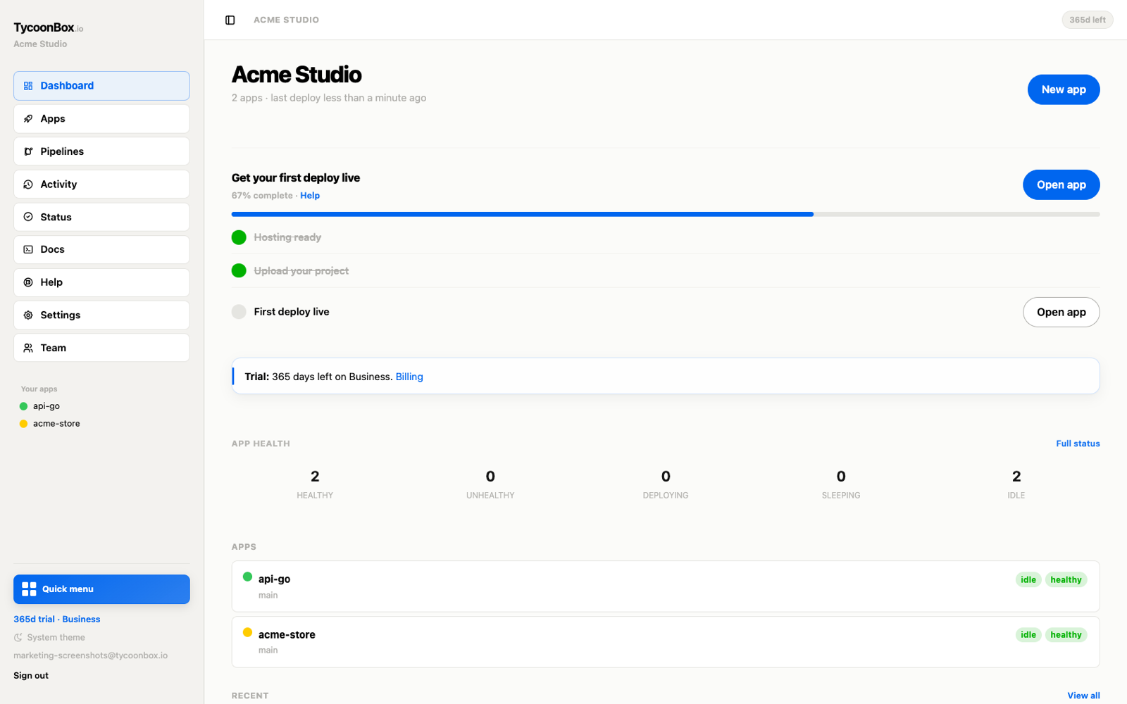 TycoonBox dashboard you can explore right after signup: apps, status, and deploy activity in one panel.