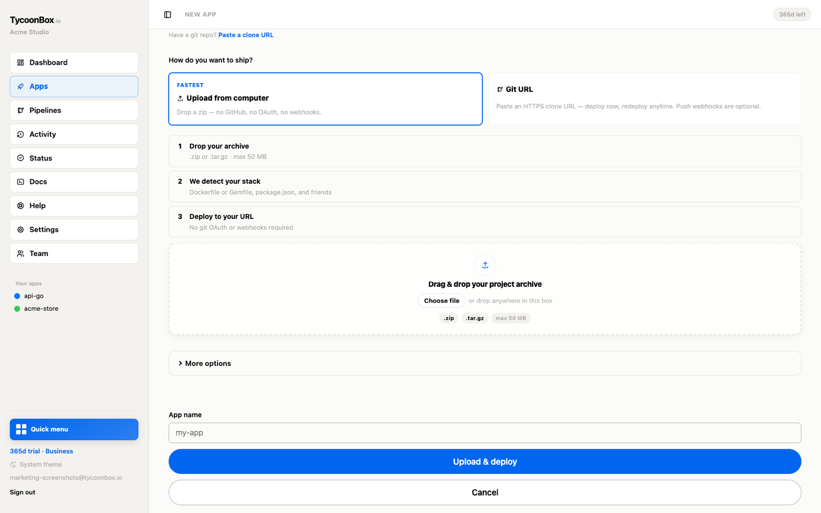 New-app screen in TycoonBox when you are ready to upload a zip or connect git.